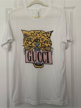 Gucci White Tee with Yellow Leopard and Pink Logo Graphic